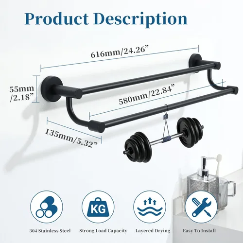 Miniatura 2 de Alise Toallero doble, toallero de 24 pulgadas para baño, soporte de toalla de montaje en pared, toallero de secado rápido, toallero de acero Negro