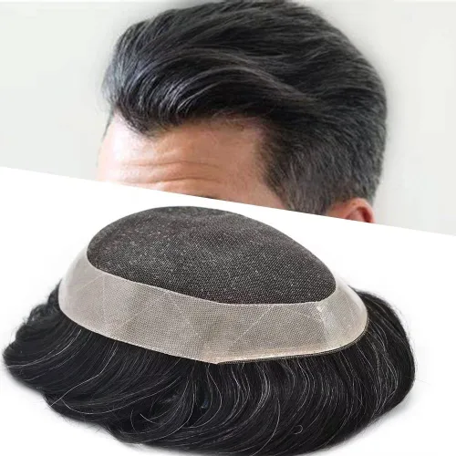 Miniatura 14 de Tupé para hombres, sistema de cabello humano, encaje francés suave con PU para hombre, extensiones de pelo de piel fina para hombres, pelucas