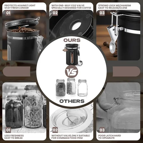 Miniatura 5 de Recipientes de café con ventana, cuchara y tapa hermética de acero inoxidable para almacenamiento de granos de café en la cocina (22 oz/negro)