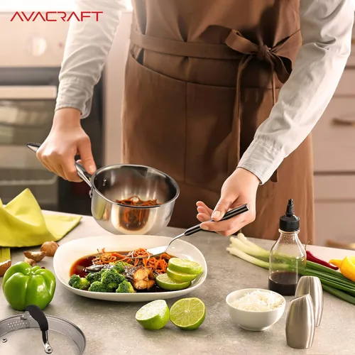 Miniatura 6 de AVACRAFT Cacerola de acero inoxidable de tres capas con tapa coladora de vidrio, dos picos vertedores laterales, mango ergonómico, cacerola