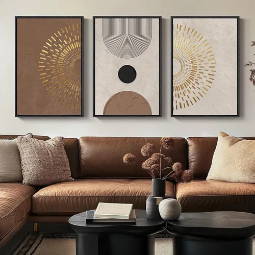 Miniatura 25 de Arte de pared abstracto neutro con marco grande para sala de estar, 3 piezas, impresiones modernas en lienzo para paredes, cuadros negros y beige
