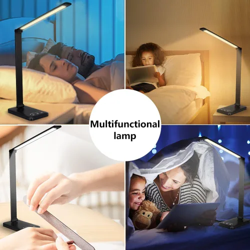 Miniatura 9 de Lámpara de escritorio LED White Crown, lámpara de mesa regulable, lámpara de lectura con puerto de carga USB, 5 modos de iluminación, control Negro
