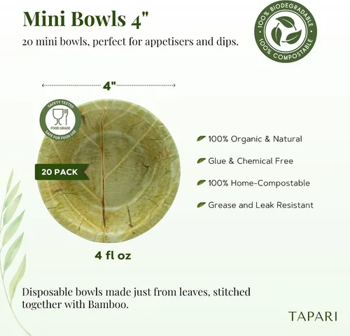 Miniatura 3 de TAPARI - Mini cuencos desechables, paquete de 20 mini cuencos de hojas, 4 pulgadas, resistentes y ecológicos, cuencos compostables y biodegradables