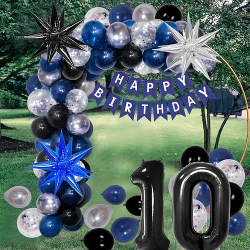 Miniatura 7 de Decoraciones de cumpleaños número 10 para niños y niñas, color azul oscuro, doble dígitos con pancarta de feliz cumpleaños, mantel de globos de 10