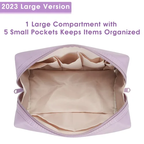 Miniatura 3 de Narwey Bonita bolsa de maquillaje de viaje, bolsa organizadora de cosméticos, bolsa de aseo con compartimentos para mujeres y niñas (grande, morado)