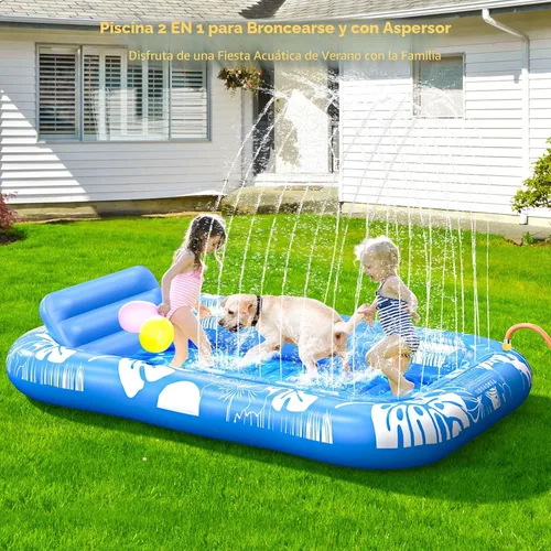 Miniatura 3 de Inflatable Tanning Pool Lounger Float with Sprinkler, 77" x 48" Pool Floats Adult with Pillow, 6 in 1 Suntan Tub Raft Floatie with Drink Holder Azul