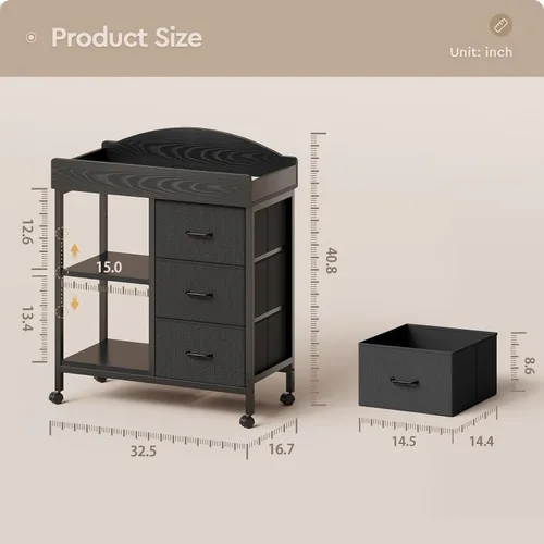 Miniatura 9 de YeTom Mesa Cambiador Cómoda, Cómoda para Bebé con 3 Cajones de Tela y 2 Estantes, Mesa Cambiador Multifuncional para Bebé con Almohadilla, Cómoda