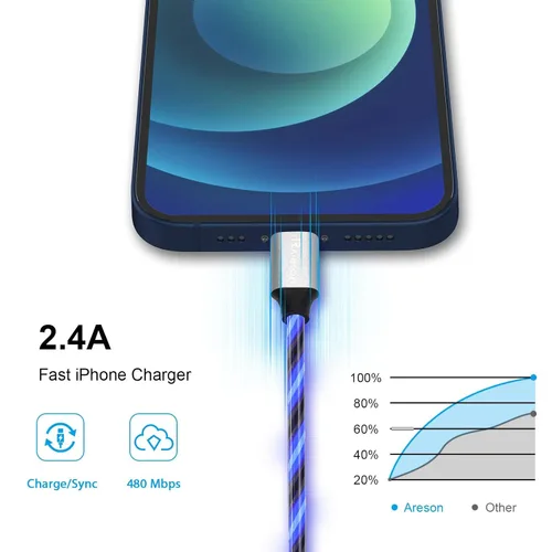 Miniatura 4 de Cable cargador de iPhone con luz LED, cables Lightning LED paquete de 1 Certificado MFi de Apple Cable de carga rápida USB para Apple iPhone 13