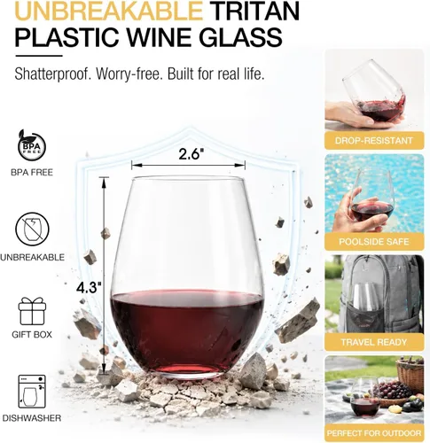Miniatura 2 de Juego de 6 copas de vino de plástico irrompible sin tallo, vaso de vino de plástico Tritan sin BPA, cristalería reutilizable para uso al aire libre