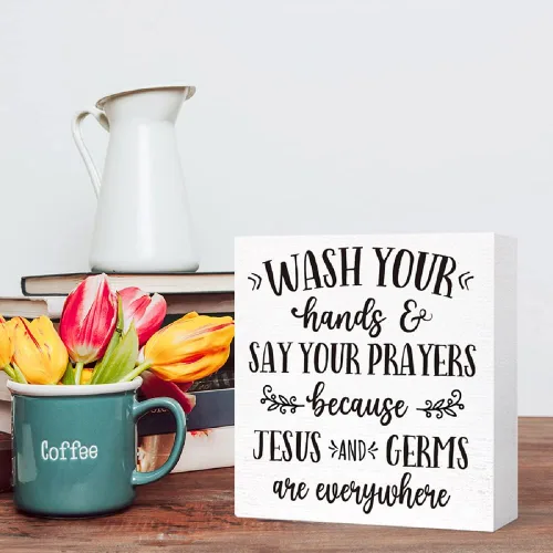 Miniatura 5 de Letrero de madera con texto en inglés "Wash Your Hands and Say Your Prayers", divertidos letreros de baño para estante de baño, baño, baño, Blanco