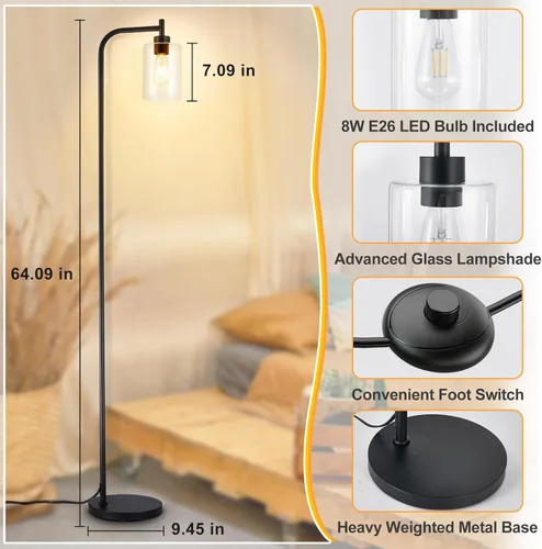 Miniatura 7 de DLLT Lámpara de pie alta para habitación: lámpara de pie negra con pantalla de vidrio transparente para sala de estar - Lámpara moderna brillante