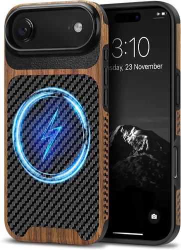 Miniatura 20 de TENDLIN Compatible con iPhone 17 Pro Max Funda de madera con textura de fibra de carbono Diseño de cuero híbrido delgado (negro)