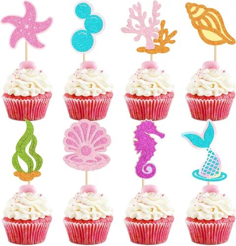 Miniatura 31 de 40 piezas comestibles bajo el mar, sirena, cupcakes, algas, pulpos, estrellas de mar, cupcakes, lindos animales del océano, selecciones de alimentos