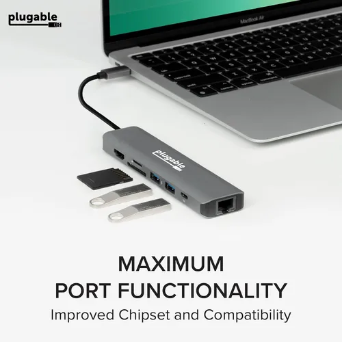 Miniatura 6 de Plugable Adaptador multipuerto USB C 7 en 1 sin controlador con Ethernet, HDMI 4K60Hz, carga de paso de 100 W, 2 USB 3.0, SD/microSD, para USB-C