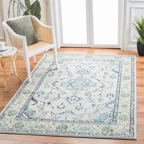Miniatura 41 de Safavieh Tapete decorativo de 2 pies 2 pulgadas x 4 pies de la colección Monaco, verde y celeste, diseño desgastado de medallón, no desprende