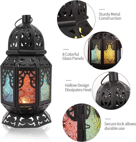 Miniatura 9 de Lewondr Farol de vela retro de hierro Ramadán, portátil de hierro forjado marroquí, de 10.2 pulgadas, portavelas decorativo, lámpara colgante