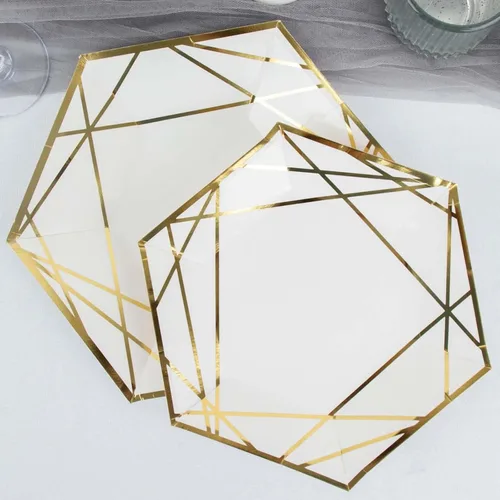 Efavormart - Paquete de 25 platos hexagonales de papel blanco y dorado de 7 pulgadas, platos geométricos rígidos para postres y aperitivos para