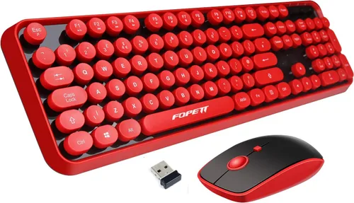 FOPETT V2020 Combo de teclado y mouse inalámbricos, bonito teclado inalámbrico con llave roja redonda estilo retro, conectividad CapSecure de 2.4