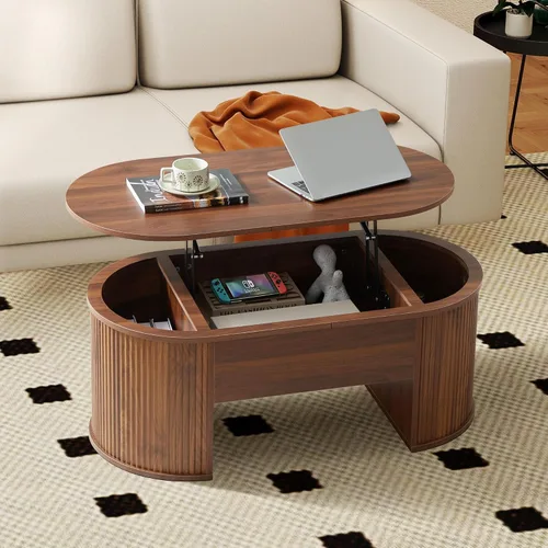 Miniatura 9 de ORRD Mesa de centro elevable, mesa de centro acanalada con parte superior elevable, mesa de comedor de madera con compartimento oculto, mesa central