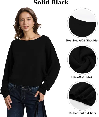 Miniatura 3 de FAlABLE - Suéter para mujer con hombros descubiertos y cuello barco, pullover holgado de manga larga, acogedor de punto, para otoño e invierno, tops