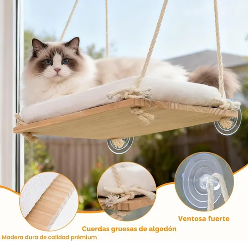 Miniatura 4 de Percha para ventana de gato, hamaca para ventana para gatos con asiento de madera maciza, 4 ventosas resistentes, cojín de felpa, cama