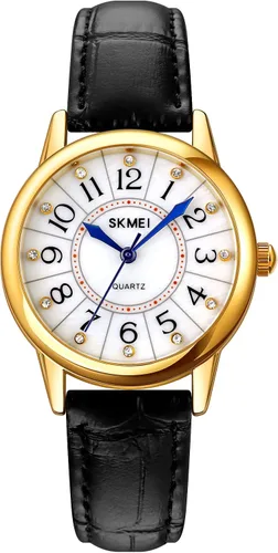 SKMEI Lady Watches for Women Waterproof Leather Band Easy Reader Dress Diamond Analog Quartz Small Face Business Light Wrist Watch Girls Gifts