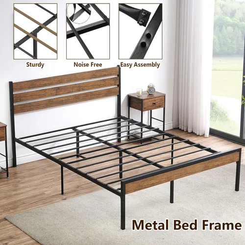Miniatura 6 de Base de cama rústica tamaño Queen con cabecero, plataforma de metal, marco de cama de granja, listones de metal, marco de cama resistente