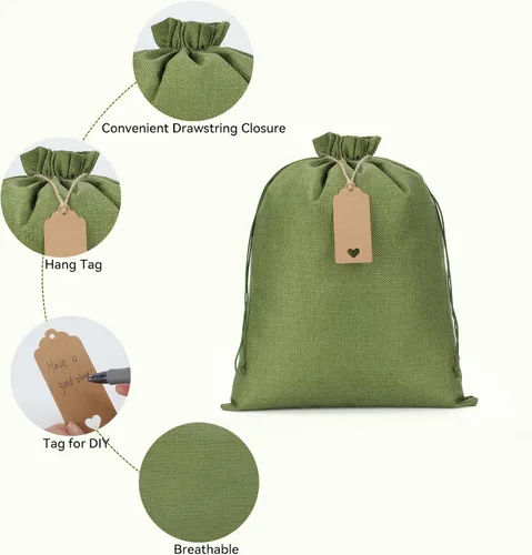 Miniatura 5 de Tapleap Bolsas de arpillera con cordón – 10 bolsas de regalo verdes de 12 x 16 pulgadas para envolver regalos, ropa, desinfectante de manos, panes