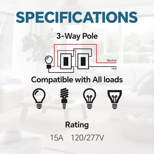 Miniatura 7 de ThunderWay - Interruptor de luz para decoración de 3 vías con placas de pared, 15 A 120/277 V, interruptores basculantes de pared Decora de tres