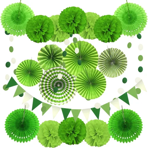 Miniatura 16 de Zerodeco - Decoración de fiesta, 21 piezas de abanicos de papel, pompones flores, tiras de cuerdas de lunares y banderines triangulares