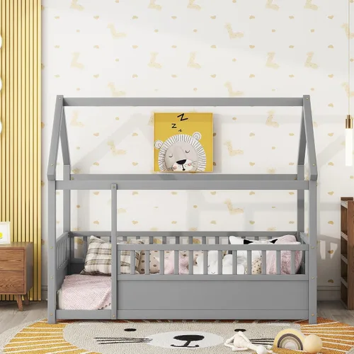 Miniatura 4 de Bellemave Montessori - Cama de tamaño individual con barandillas para vallas, cama de madera con rieles, marco de cama de casa de juegos para niños