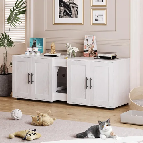 Miniatura 9 de GAOMON Caja de arena con doble jaula, casa para gatos, caja de arena oculta para 2 gatos, muebles de madera cerrada para gatos, 55 pulgadas de largo