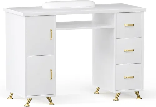 Miniatura 11 de Mesa de manicura, mesa de uñas, estación de mesa de uñas, resistente a acetona, cojín de muñeca, 3 cajones y 2 gabinetes