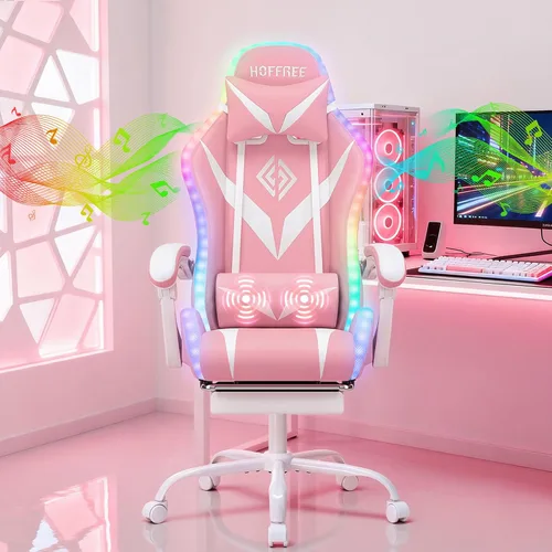 Miniatura 15 de HOFFREE - Silla gamer con masaje, altavoces Bluetooth y luces LED, silla ergonómica para computadora y videojuegos con reposapiés, silla de Azul