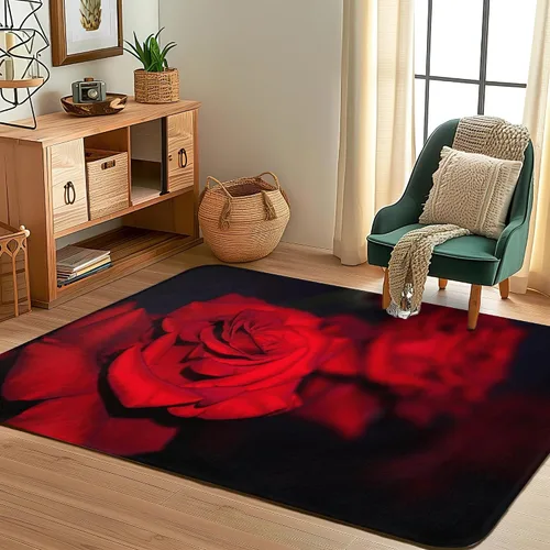Miniatura 7 de Alfombras de área con diseño de rosa roja abstracta, alfombra de hojas negras de 1,52 x 2,13 m lavable para sala de estar, alfombra