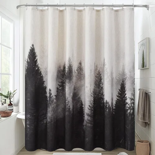 Miniatura 14 de ORTIGIA Cortina de ducha con diseño de bosque de montaña, tela de lino de mezcla pesada, árbol natural negro, cortina de baño de bosque brumoso, 60