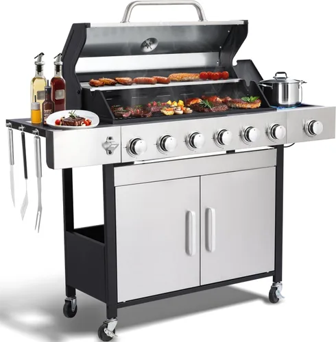 Miniatura 8 de Parrilla de gas propano de salida de 39000 BTU con quemador lateral y 3 quemadores principales, tapa de acero inoxidable de doble capa, rejillas