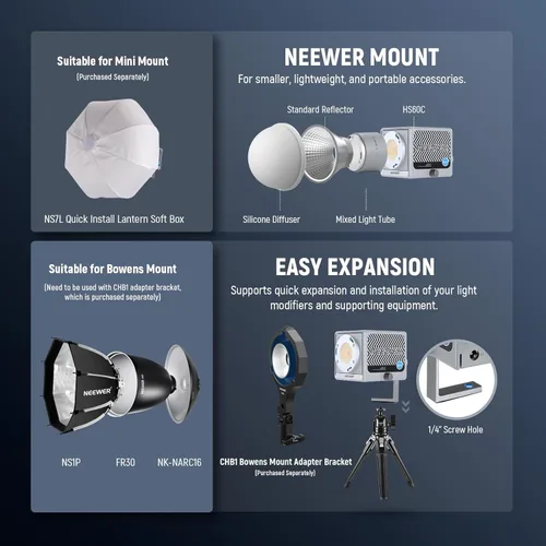 Miniatura 8 de NEEWER Luz de video LED RGB portátil de 60W Luz de mano de relleno, control APP/2.4G/Panel 18 escenas 8700Lux/1m 2700-6500K CRI97+ Regulable COB