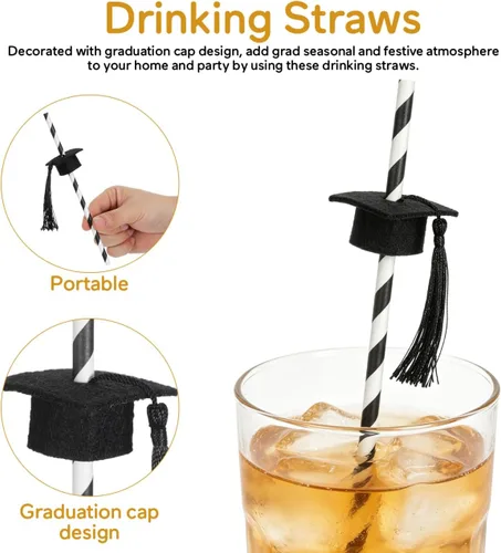 Miniatura 3 de PRETYZOOM Pajitas de graduación con decoración de sombrero de Doctor S, paquete de 12 popotes largos de cóctel para fiesta de graduación 2025