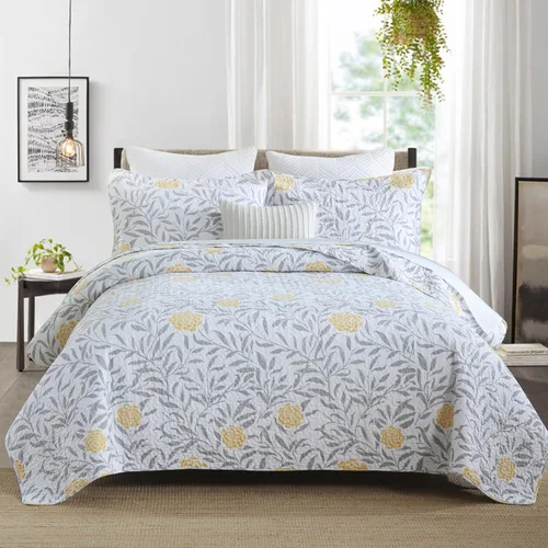 Miniatura 2 de Homzard - Juego de cobija floral Queen, edredones 100% algodón tamaño Queen, colcha amarilla, gris y blanca (90 x 98 pulgadas) con 2 fundas