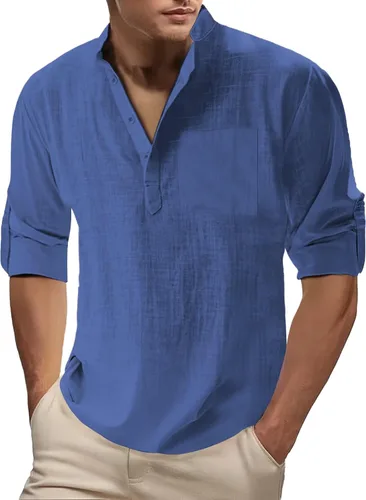 Camisa de lino para hombre, manga larga, Henley, casual, verano, grande, alta, algodón, ligera, para negocios, trabajo, vacaciones, crucero