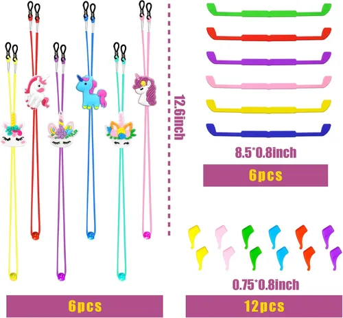Miniatura 2 de SKYCOOOOL 24 correas para gafas para niños, ajuste de unicornio arcoíris, correas antideslizantes de silicona para gafas, retenedor de gafas