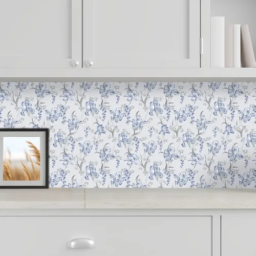 Miniatura 6 de VaryStyle Papel tapiz floral azul gris de 17.7 x 118 pulgadas, para despegar y pegar, ramo de flores de iris, papel de contacto floral, papel
