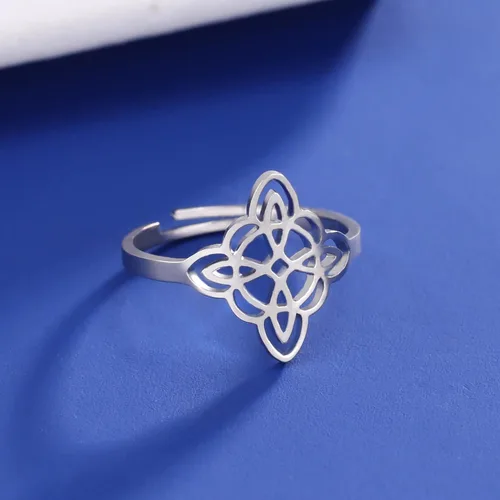 Miniatura 2 de Dreamtimes Anillo de nudo de bruja para mujer, de acero inoxidable, con barra abierta, ajustable, celta, cuaternario, nudo de bruja, amuleto
