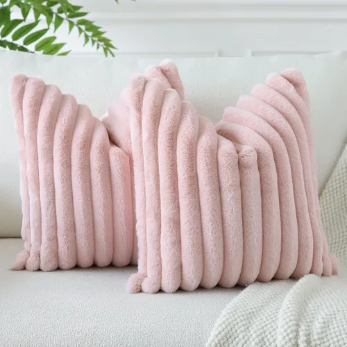 Miniatura 2 de Soleebee Juego de 2 fundas de cojines decorativos de terciopelo suave y acogedor, funda de piel sintética de conejo para sofá, cama, silla, Rosa