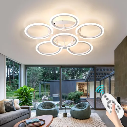 Lámpara de techo LED, lámpara de techo moderna de 6 anillos, 77 W regulable 3000K a 6500K, luz de techo blanca con control remoto para sala de