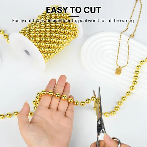 Miniatura 6 de Guirnalda de Perlas de 10MM, 10.06 Metros de Cadena de Perlas de Imitación Dorada, Rollo de Hilo para Decoración de Boda y Fiesta, Adornos