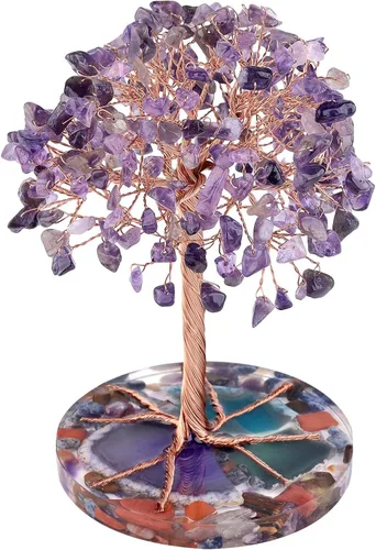 Miniatura 13 de Nupuyai Árbol de dinero de piedra de cristal aguamarina envuelto en rodajas redondas de ágata orgónica, árbol de la vida, bonsái de Feng Shui