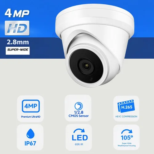 Miniatura 2 de Cámara domo de torreta IP PoE de 4 MP, gran angular de 0.110 in, H.265, cámara de seguridad CCTV resistente al agua IP66, cumple con la NDAA