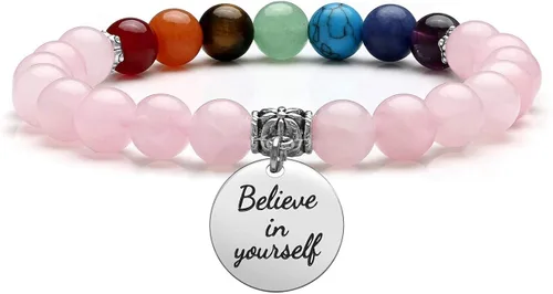 Jovivi - Pulsera de 7 chakras con piedras preciosas naturales, cuentas de yoga, cristales curativos reiki, cuentas elásticas con abalorio inspirador